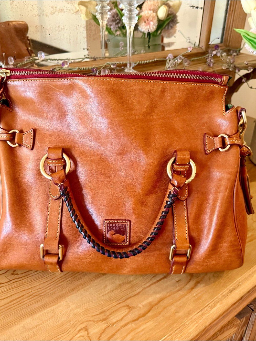 Dooney & Bourke Large Florentine Chestnut Leather Satchel with Braided Handle